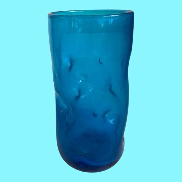Vintage Single BLENKO Dark Blue Pinched Dimple 6.25” Handblown Glass Tumbler - Picture 1 of 8